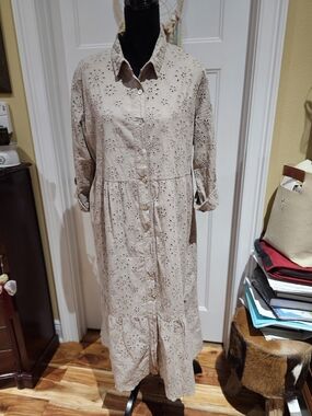Eyelet Button-Front Midi Dress in Beige